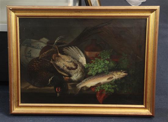 Thomas G Targett (1829-1929) Still life of a trout and game birds upon a ledge 17 x 24.5in.